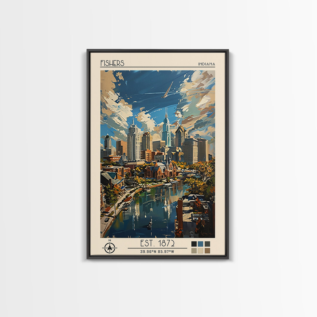 Fishers Travel Poster, Canvas Print, City Travel Poster, Travel Wall Art, Watercolor Cityscape, Gallery Wall Set, Retro Travel Print