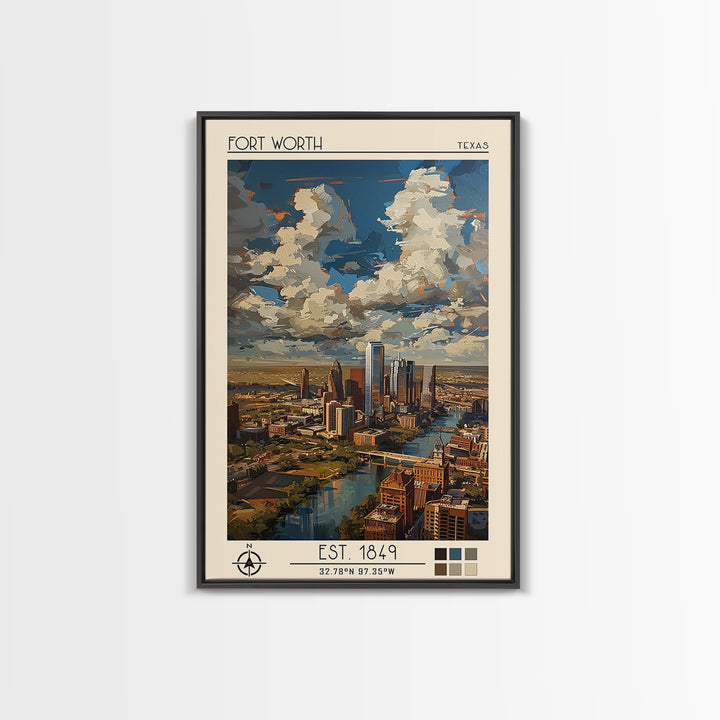 Fort Worth Travel Poster, Framed Canvas Print, Travel Prints, Landscape Art, City Art Print, Vintage Travel Art, Vintage City Poster