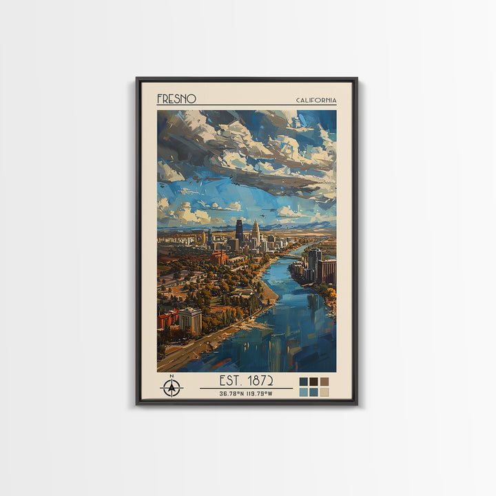 Fresno Travel Poster, Framed Canvas Print, Travel Art Print, Modern Wall Decor, Watercolor Cityscape, Fine Art Print, Retro Wall Art
