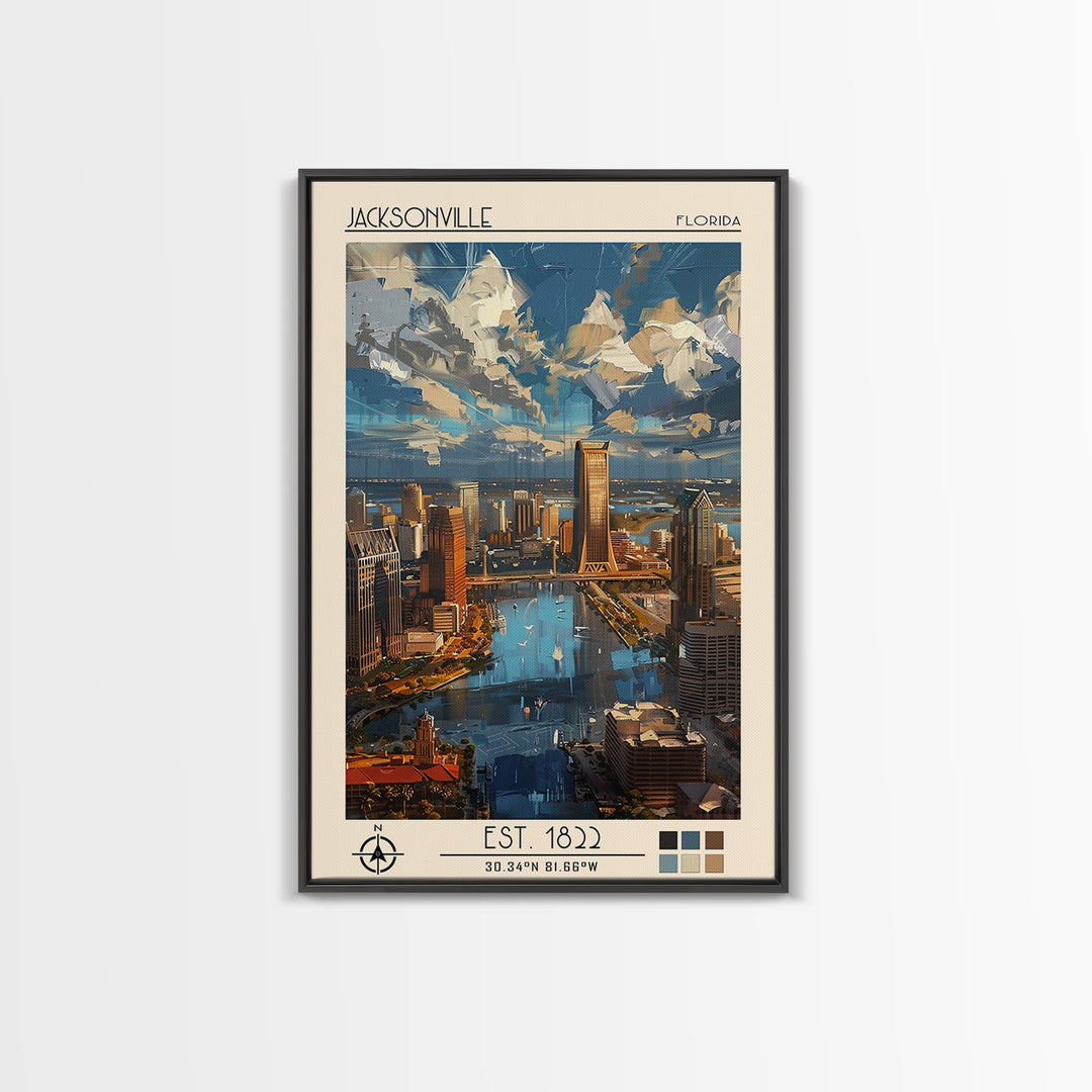 Jacksonville Travel Poster, Framed Canvas Print, Travel Prints, Landscape Art, Vintage Poster, Travel Art Print, Retro Travel Poster