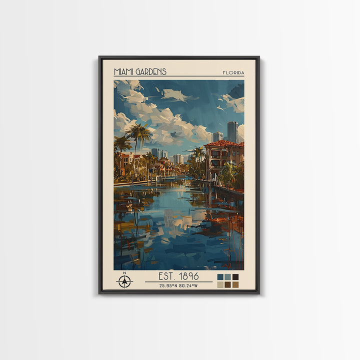 Miami Gardens Travel Poster, Framed Canvas Print, Travel Wall Art, City Wall Art, Travel Prints, Travel Art Print, Colorful Wall Art