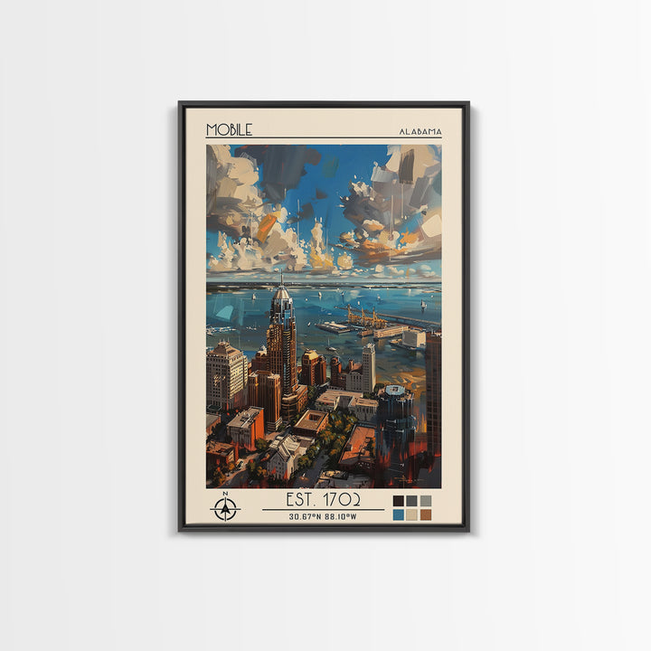 Mobile Travel Poster, Framed Canvas Print, Retro Wall Art, Travel Print, Travel Prints, Wall Art, Travel Wall Art, City Illustration