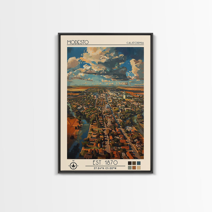 Modesto Travel Poster, Framed Canvas Print, Retro Wall Art, Travel Print, Minimalist Poster, Modern Wall Decor, Living Room Wall Art