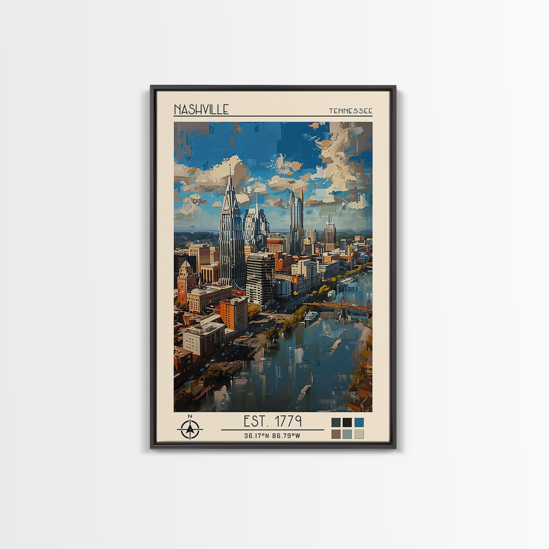 Nashville Travel Poster, Framed Canvas Print, Retro Wall Art, Travel Print, Retro Travel Print, Modern Wall Decor, Colorful Wall Art
