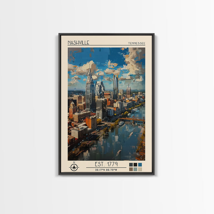 Nashville Travel Poster, Framed Canvas Print, Retro Wall Art, Travel Print, Retro Travel Print, Modern Wall Decor, Colorful Wall Art