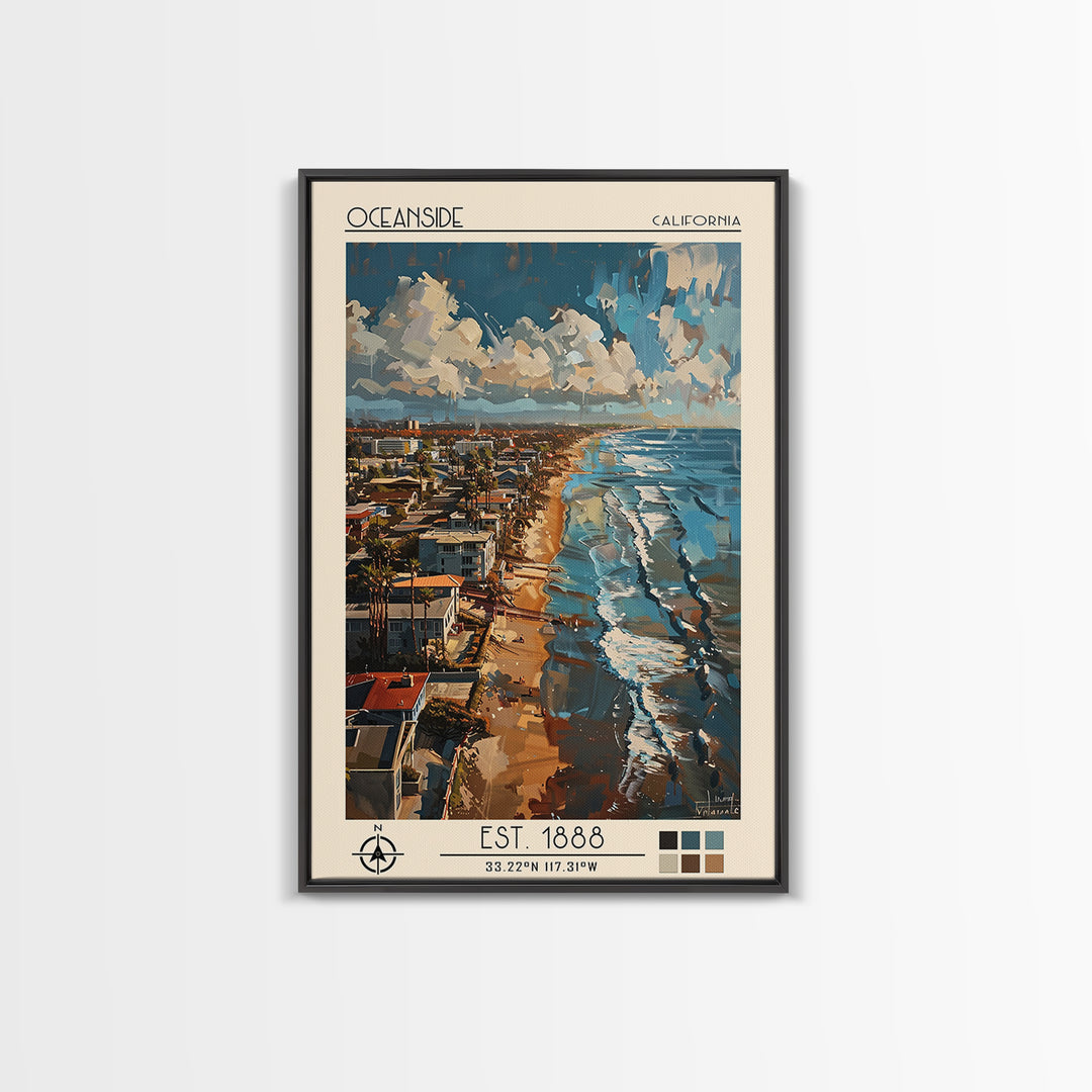 Oceanside Travel Poster, Framed Canvas Print, Retro Travel Poster, City Wall Art, Travel Decor, Retro Wall Art, Mid Century Wall Art