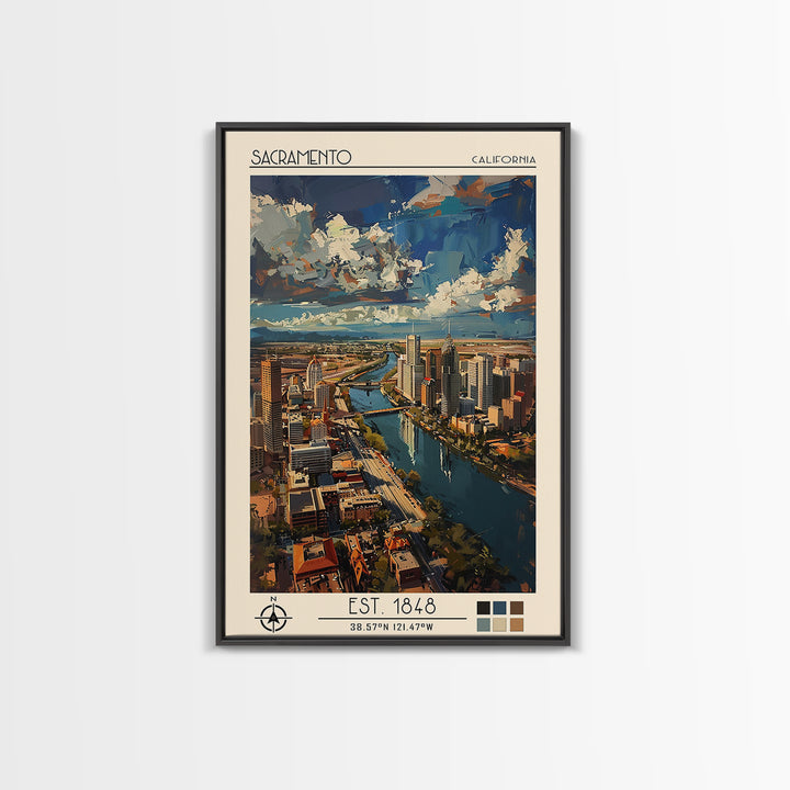 Sacramento Travel Poster, Framed Canvas Print, Travel Art Print, Modern Wall Decor, Retro Travel Print, Art Print, Colorful Wall Art