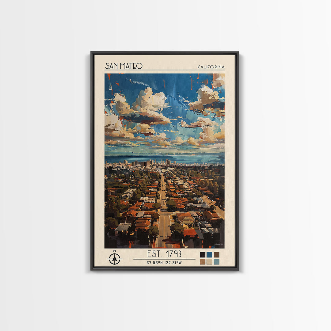 San Mateo Travel Poster, Framed Canvas Print, City Travel Poster, Travel Wall Decor, Home Decor, City Wall Art, Living Room Wall Art
