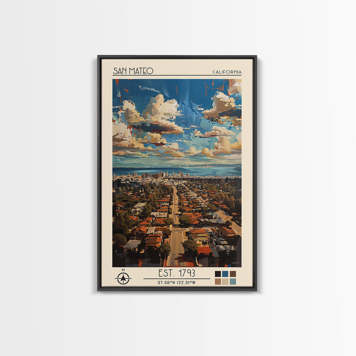 San Mateo Travel Poster, Framed Canvas Print, City Travel Poster, Travel Wall Decor, Home Decor, City Wall Art, Living Room Wall Art