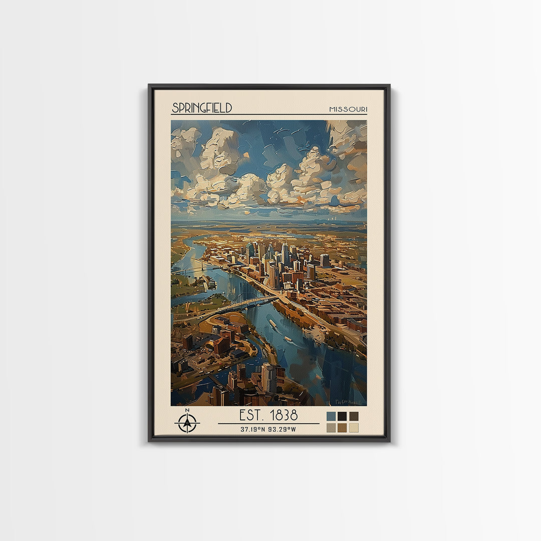 Springfield Missouri Travel Poster, Framed Canvas Print, Vintage Travel Print, City Wall Art, City Illustration, Retro Travel Poster