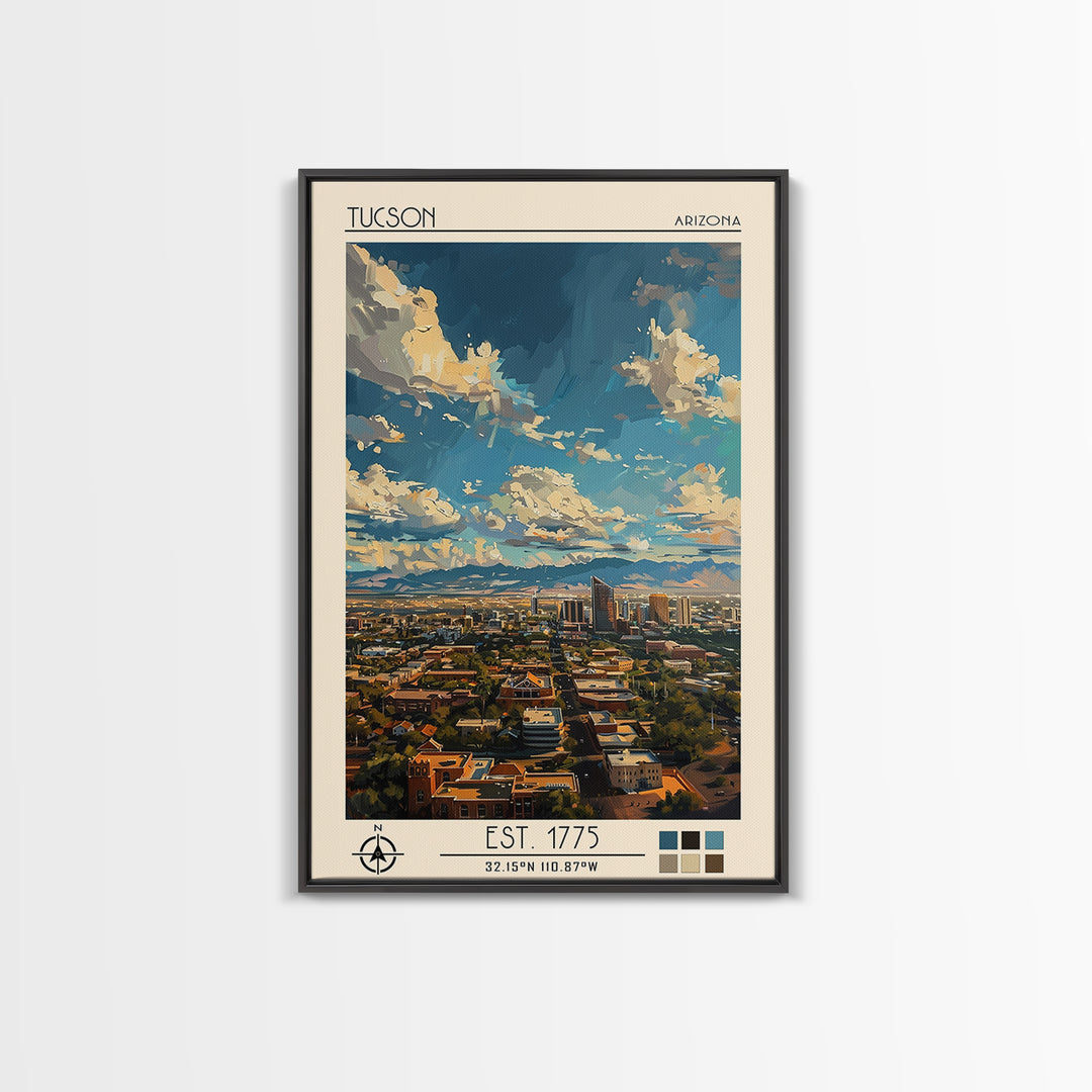 Tucson Travel Poster, Framed Canvas Print, Travel Prints, Landscape Art, Art Print, Retro Wall Art, City Illustration, City Wall Art