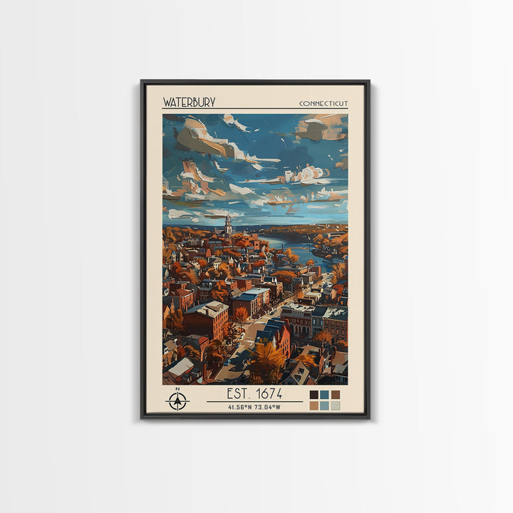 Waterbury Travel Poster, Framed Canvas Print, Travel Prints, Landscape Art, Vintage Travel, City Wall Art, Wall Art, Travel Wall Art