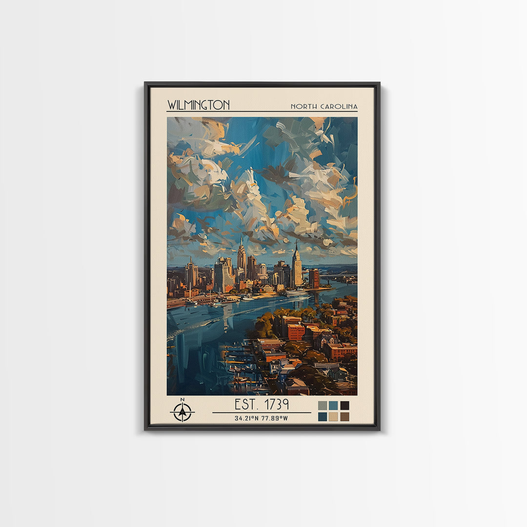 Wilmington Travel Poster, Framed Canvas Print, Travel Prints, Landscape Art, Travel Posters, Vintage City Poster, City Travel Poster