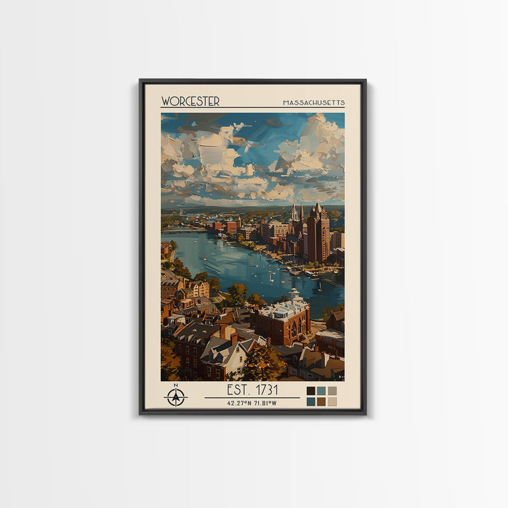 Worcester Travel Poster, Framed Canvas Print, Vintage Travel Print, City Wall Art, Retro Travel Poster, Poster Print, Fine Art Print