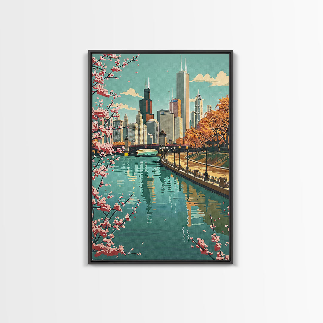 Chicago Travel Poster, Framed Canvas Print, City Art Print, Travel Wall Art, Travel Posters, Vintage Poster, Travel Prints, Wall Art