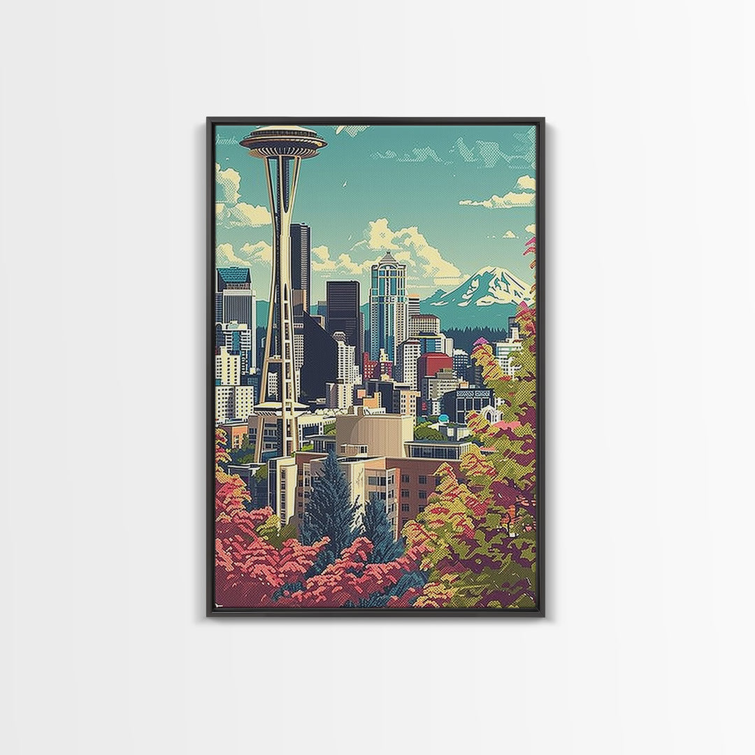 Seattle Travel Poster, Framed Canvas Print, Retro Travel Poster, City Wall Art, City Art Print, Mid Century Wall Art, Vintage Travel