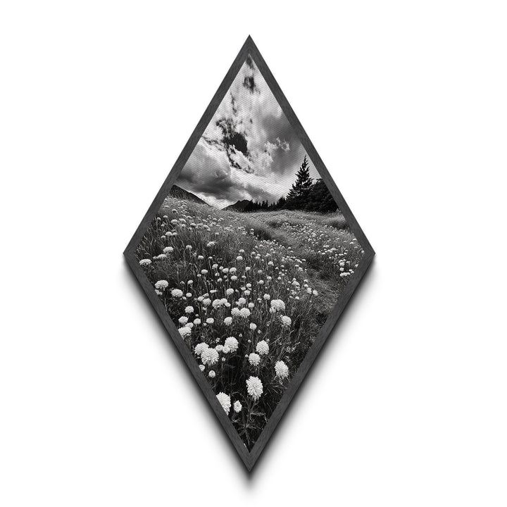 Black White Meadow Diamond Shaped Canvas Art Print, Monochrome Nature Photography, Wildflower Landscape Rustic Wall Decor