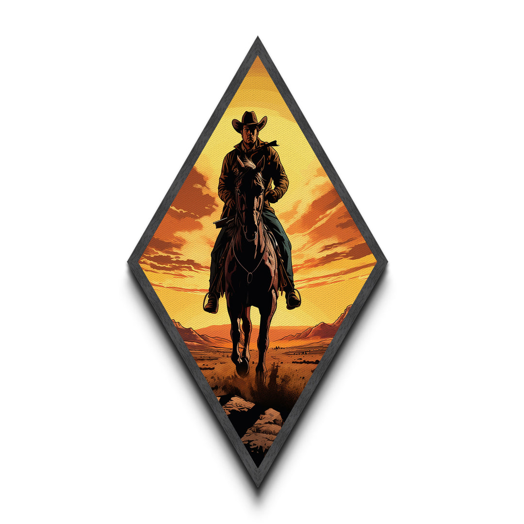 Bold Lone Cowboy Sunset Diamond Shaped Canvas Textured Print — Dramatic Western Rider Wall Art Country Rustic Ranch Home Decor
