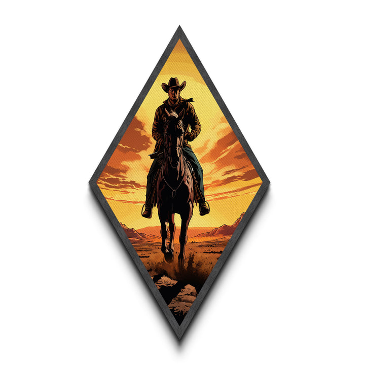 Bold Lone Cowboy Sunset Diamond Shaped Canvas Textured Print — Dramatic Western Rider Wall Art Country Rustic Ranch Home Decor