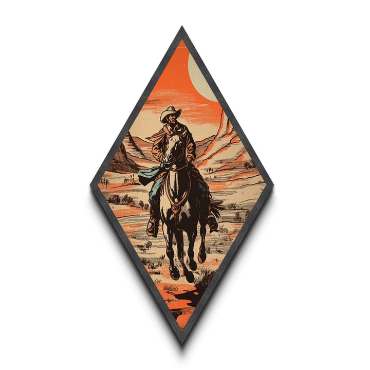 Scenic Cowboy Vista Trail Diamond Shaped Canvas Art Print — Desert Horse Rider Western Artwork Rustic Southwestern Wall Accent