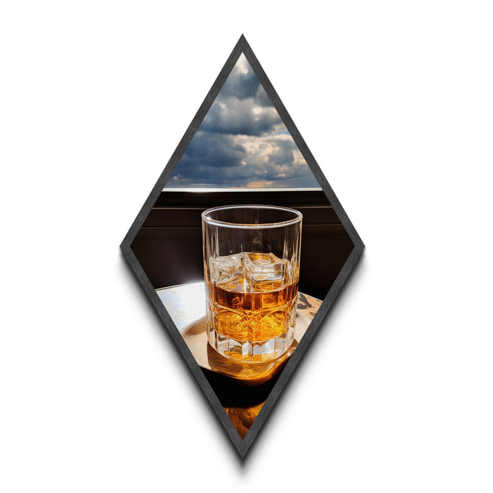Golden Hour Whiskey – Diamond Shaped Canvas Art Print Dramatic Window Bar Decor, Modern Whiskey Glass Wall Art, Sophisticated Drink Vibe