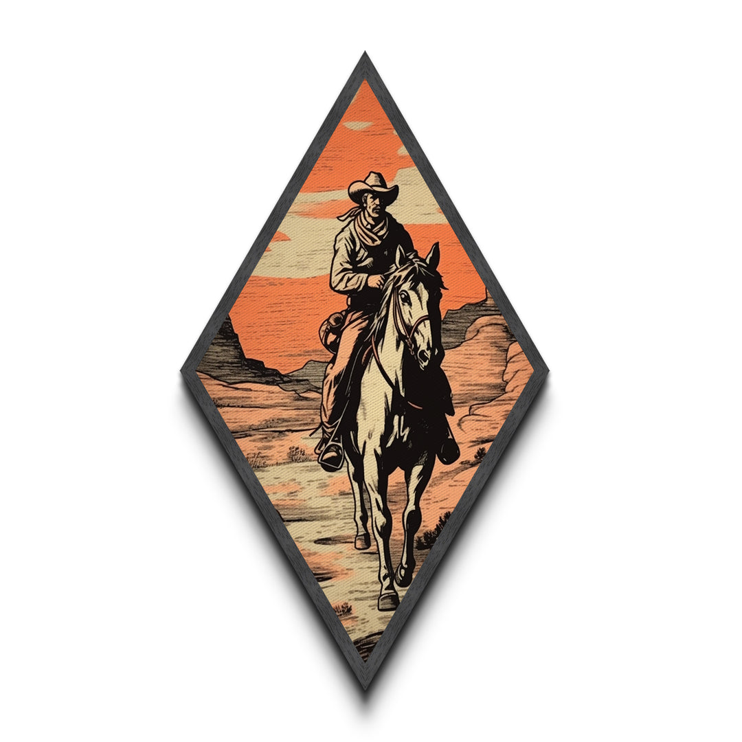 Western Trail Journey Diamond Shaped Cowboy Wall Art Canvas Textured Print Rustic Horse Rider Illustration Desert Sunset Decor