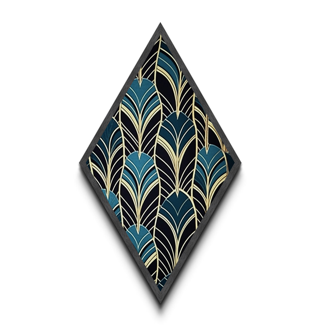 Teal Deco Leaves – Diamond Shaped Canvas Embossed Print Art Deco Wall Decor, Gold Foil Style, Geometric Pattern, Modern Glam Botanical Print