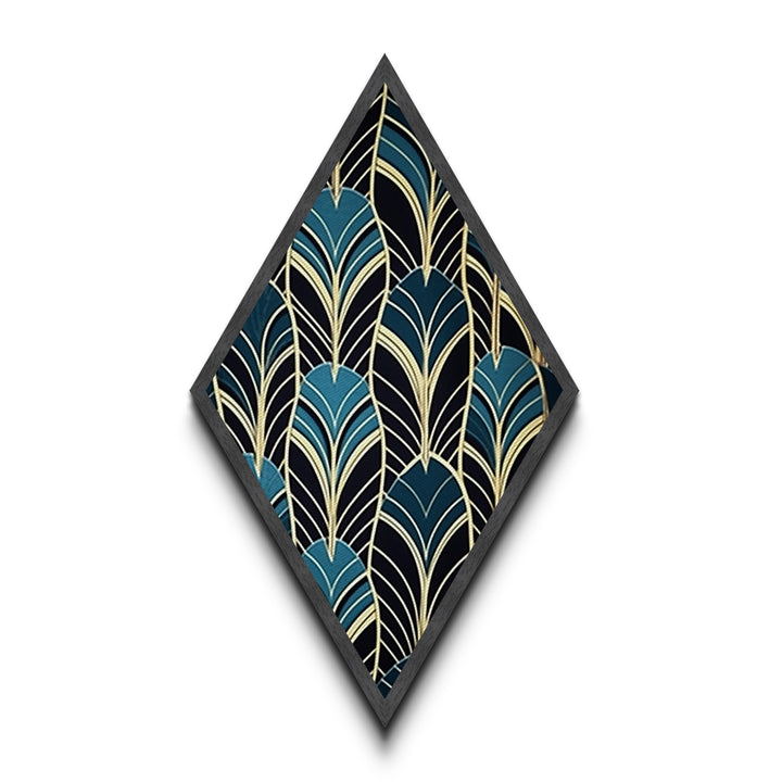 Teal Deco Leaves – Diamond Shaped Canvas Embossed Print Art Deco Wall Decor, Gold Foil Style, Geometric Pattern, Modern Glam Botanical Print