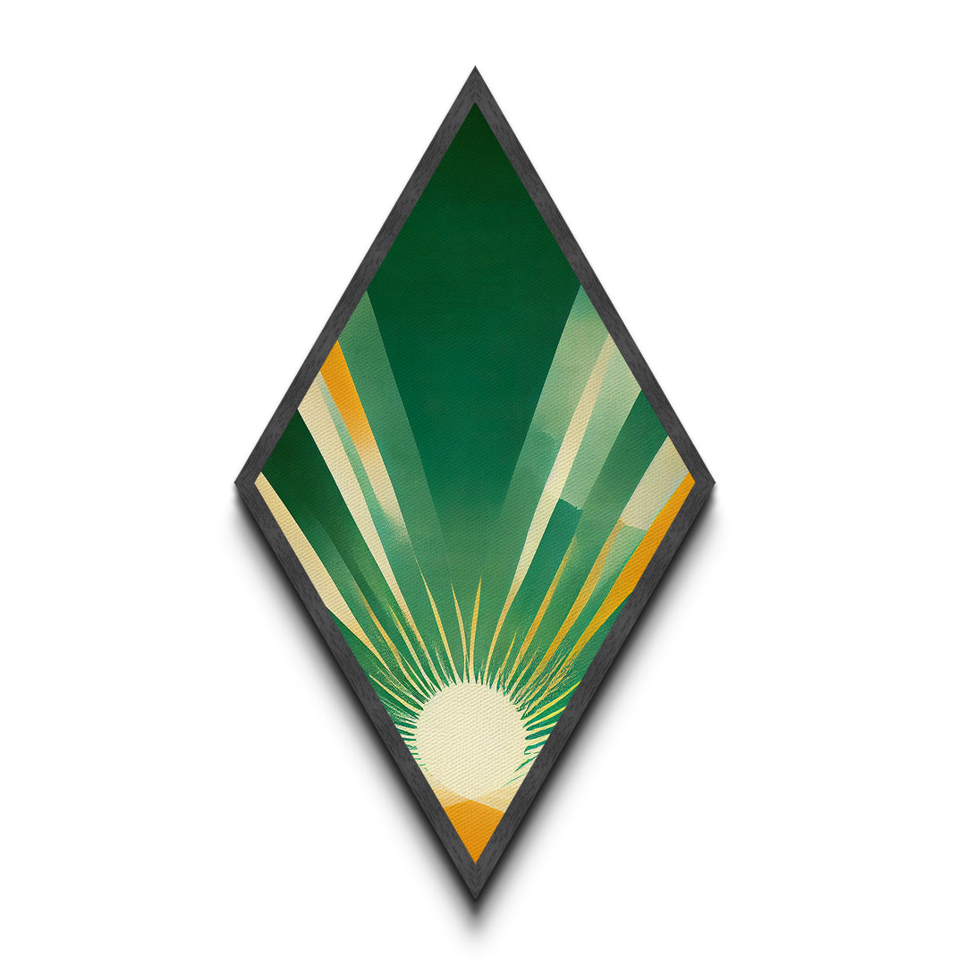 Greenburst Radiance – Diamond Shaped Retro Sunbeam Abstract Canvas Embossed Print, Mid Century Modern Art, Minimal Geometric Wall Decor