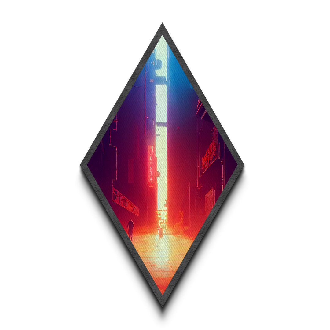 Neon Alley Escape Diamond Shaped Cyberpunk Cityscape Glow Canvas Art Print Gamer Room Sci-Fi Urban Futuristic Hallway Accent
