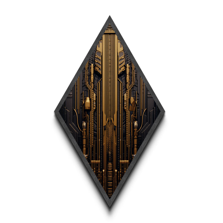 Cyber Gold Machine – Diamond Shaped Canvas Embossed Print Futuristic Wall Art, Sci-Fi Circuit Board Decor, Tech Industrial Steampunk Vibe