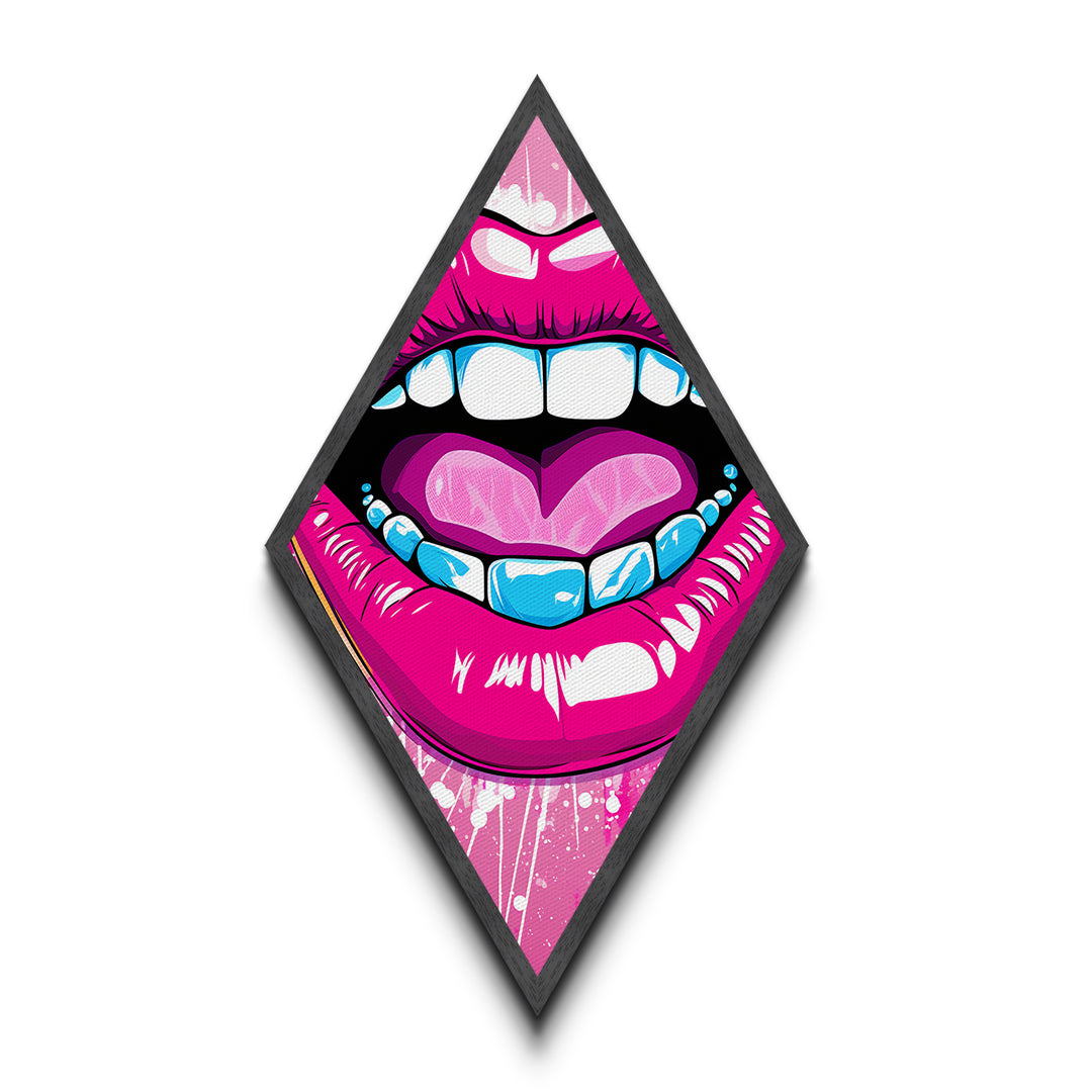 Pop Lips with Heart Tongue – Canvas Embossed Print Bold Urban Wall Art, Neon Aesthetic, Diamond Decor, Graphic Modern Home Accent