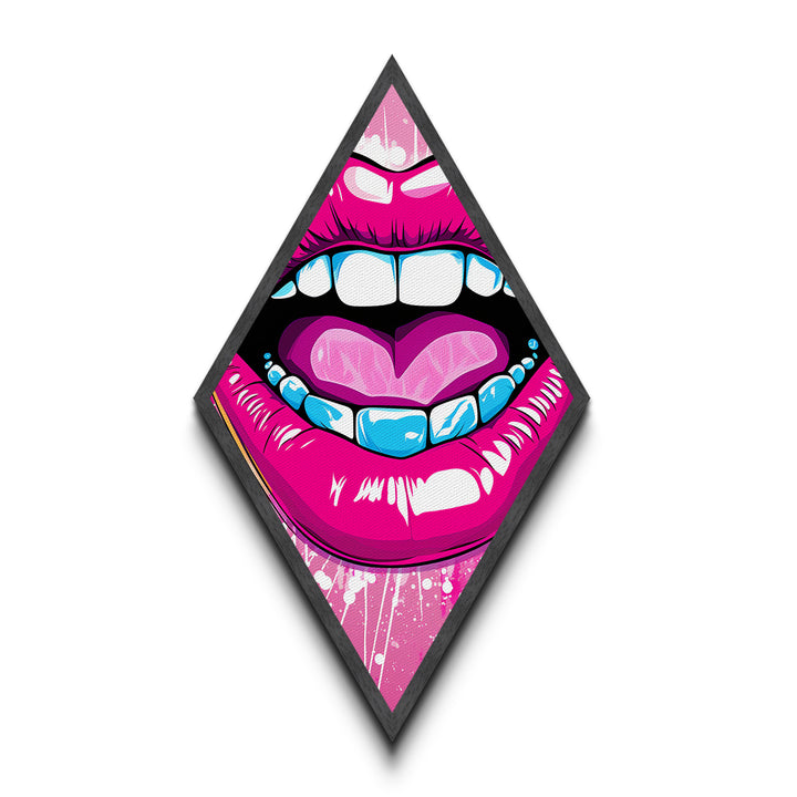 Pop Lips with Heart Tongue – Canvas Embossed Print Bold Urban Wall Art, Neon Aesthetic, Diamond Decor, Graphic Modern Home Accent