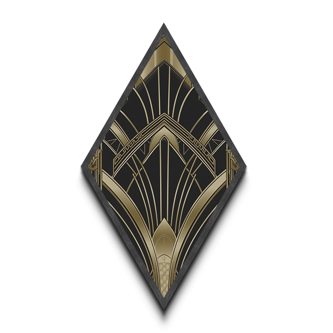 Deco Luxe Geometry – Diamond Shaped Canvas Embossed Print in black gold palette, glamorous geometric luxury art deco wall decor accent piece