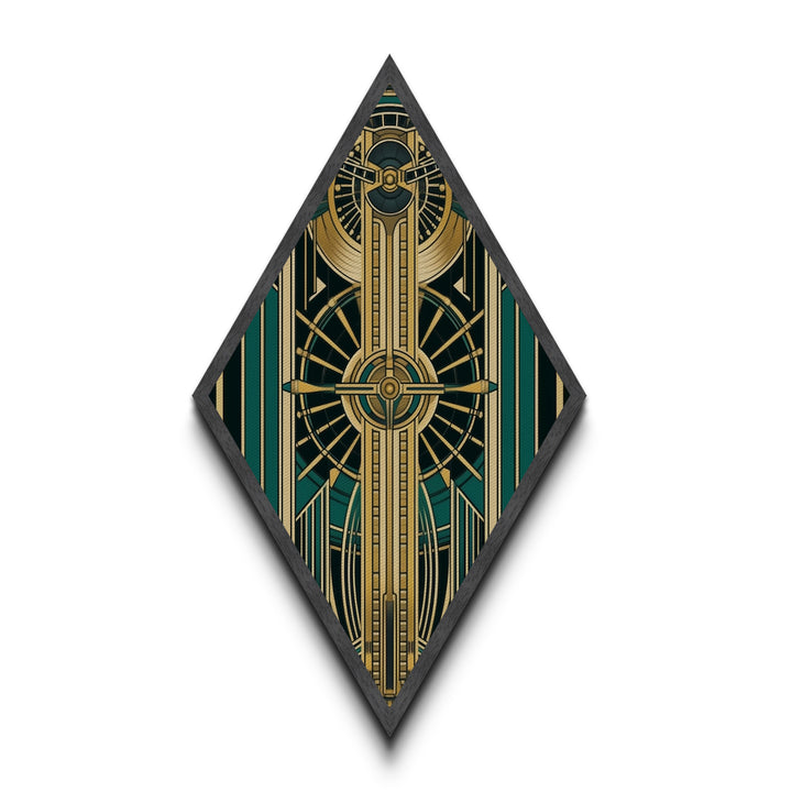 Emerald Axis Radiance – Diamond Shaped Canvas Embossed Print in gold green teal art deco, luxury retro wall accent with celestial symmetry