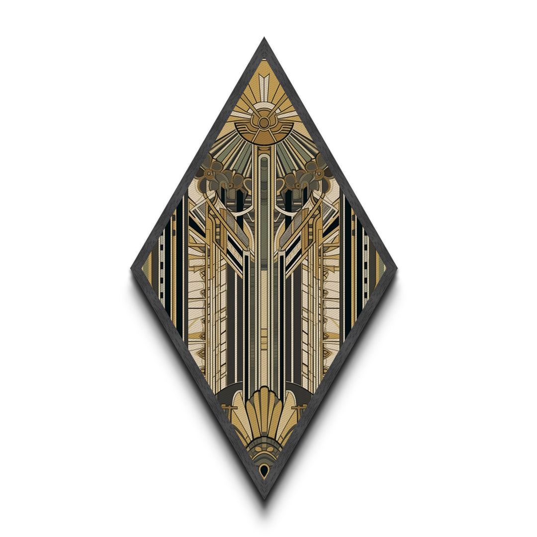 Empire Art Deco – Diamond Shaped Canvas Textured Print with golden structural symmetry, skyscraper inspired vertical abstract vintage glam