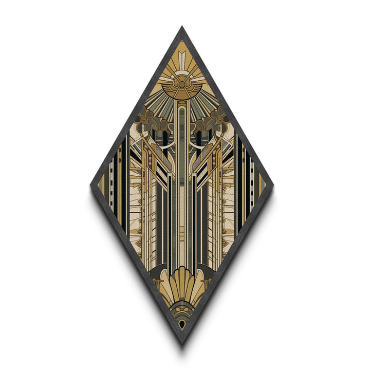 Empire Art Deco – Diamond Shaped Canvas Textured Print with golden structural symmetry, skyscraper inspired vertical abstract vintage glam