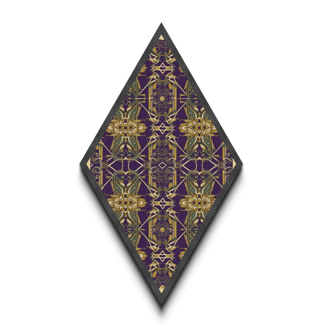 Royal Deco Mirage – Diamond Shaped Canvas Textured Print with purple gold repeating motif, symmetrical kaleidoscope retro wall pattern
