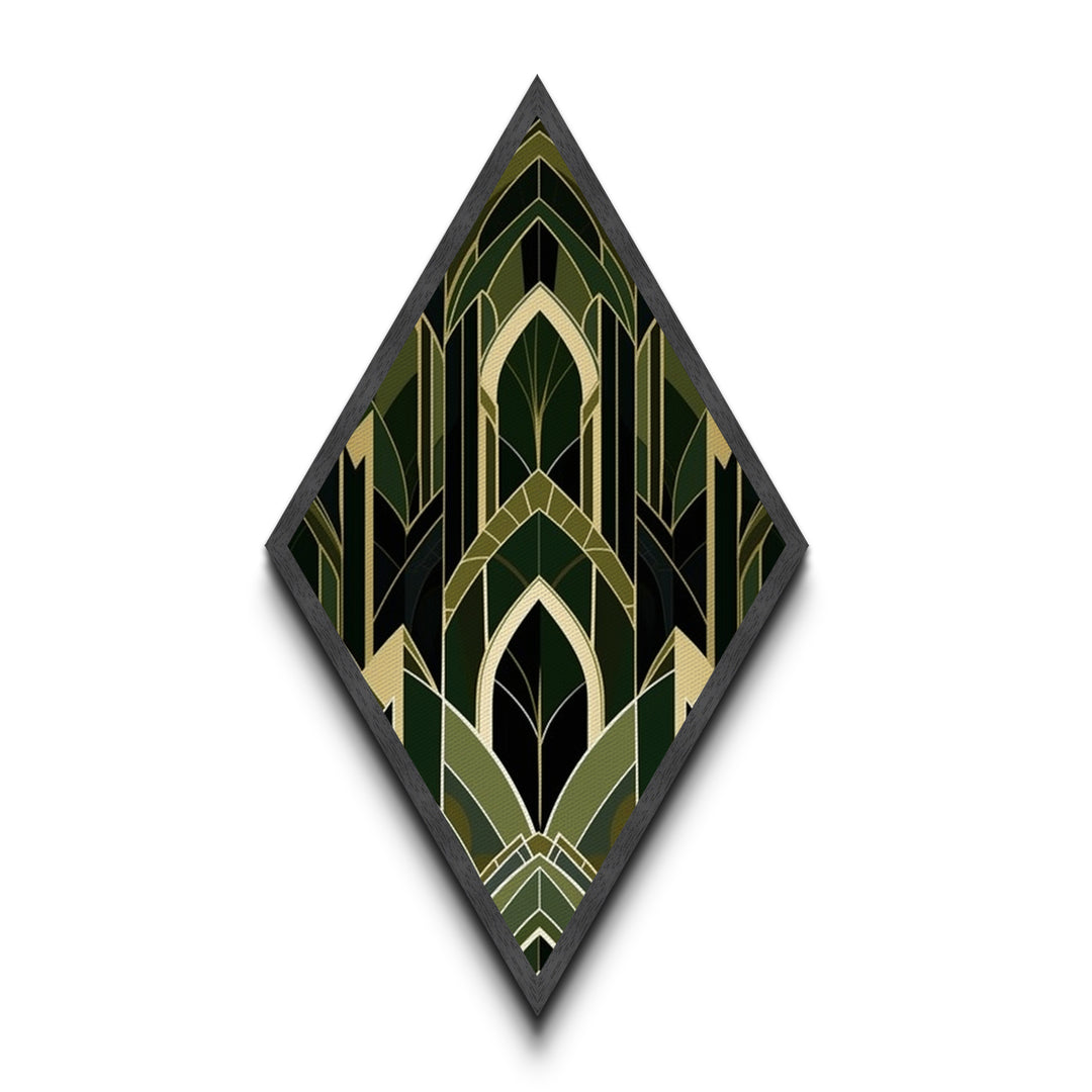 Forest Cathedral Deco – Diamond Shaped Canvas Art Print in deep green and gold, gothic geometric elegance with ornate symmetrical style