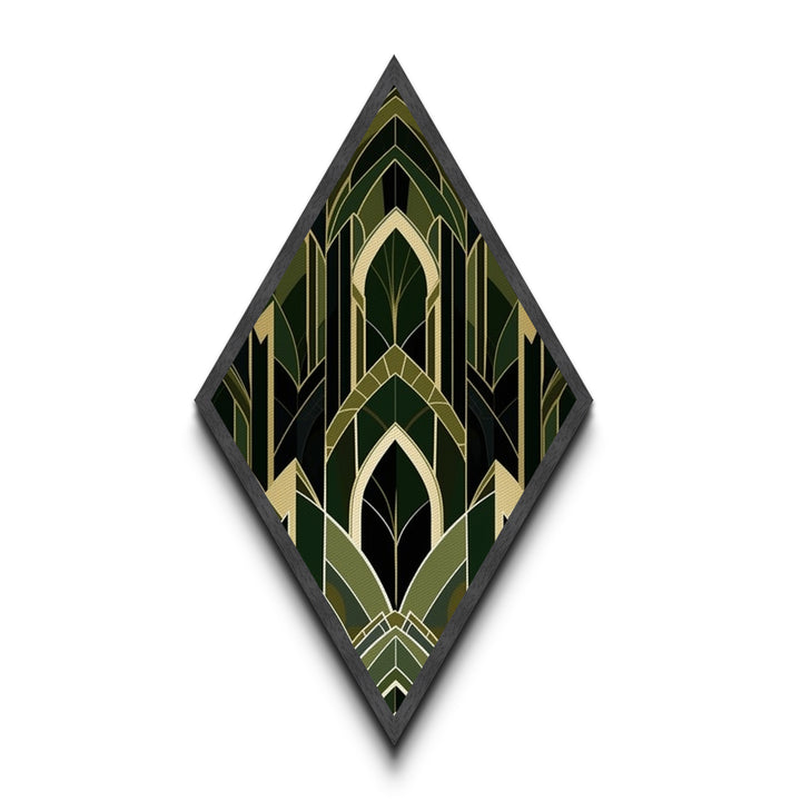 Forest Cathedral Deco – Diamond Shaped Canvas Art Print in deep green and gold, gothic geometric elegance with ornate symmetrical style