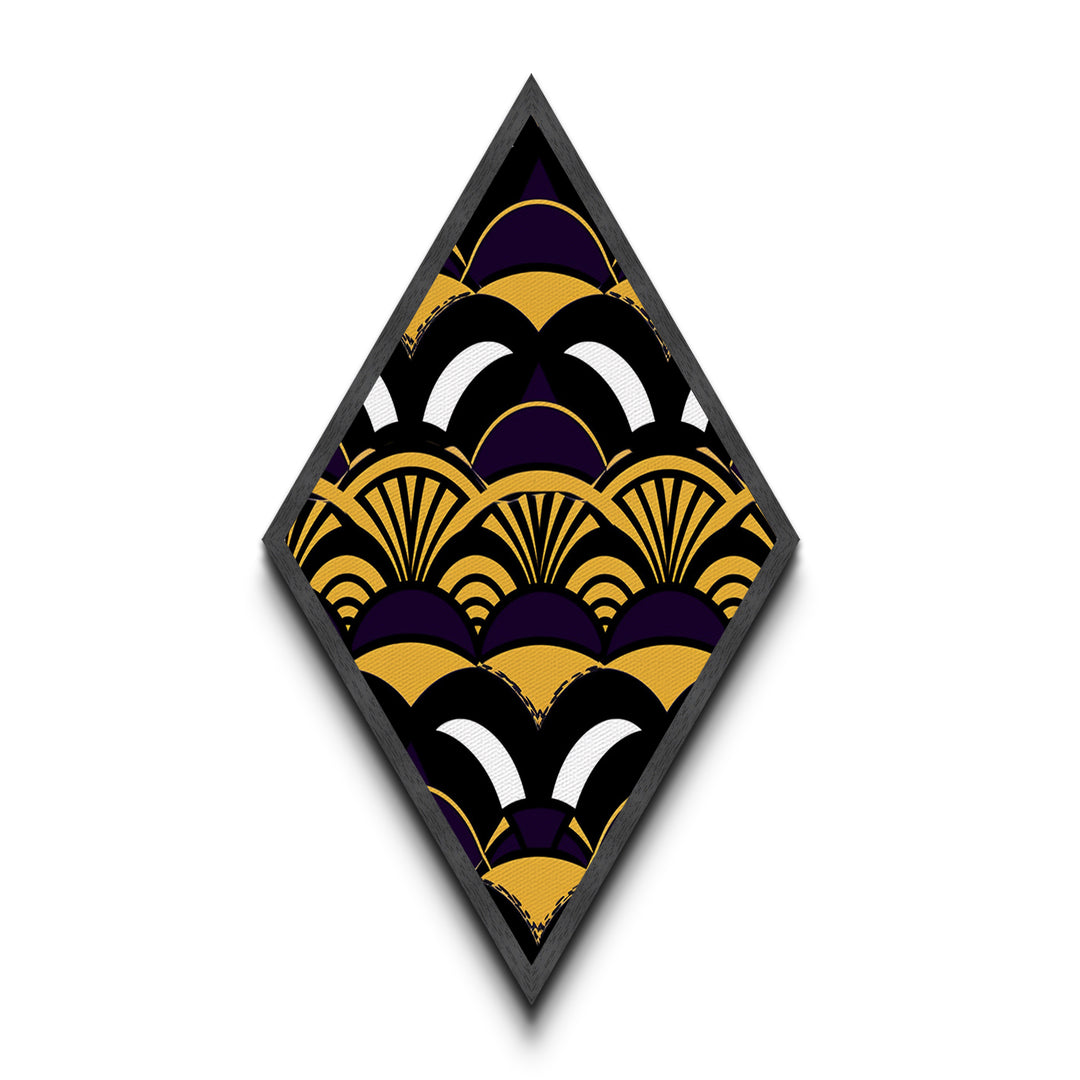 Jazz Nouveau Fanburst – Diamond Shaped Canvas Art Print with bold purple yellow scallops, roaring twenties vintage Gatsby fan pattern design