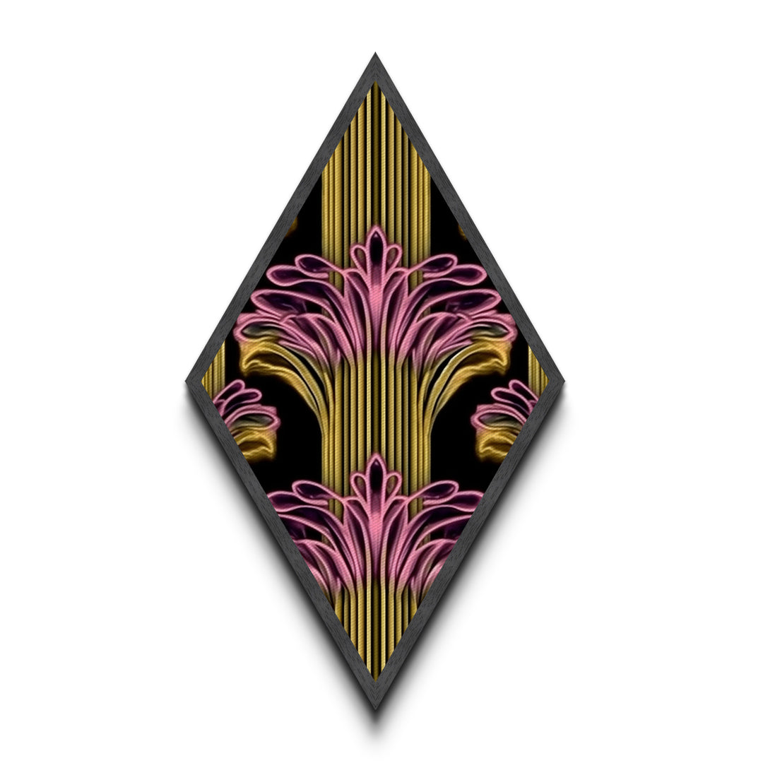 Deco Bloom Burst Diamond Shaped Canvas Textured Print, Retro Pink and Gold Wall Art, Art Deco Botanical Fan Accent Home Decor