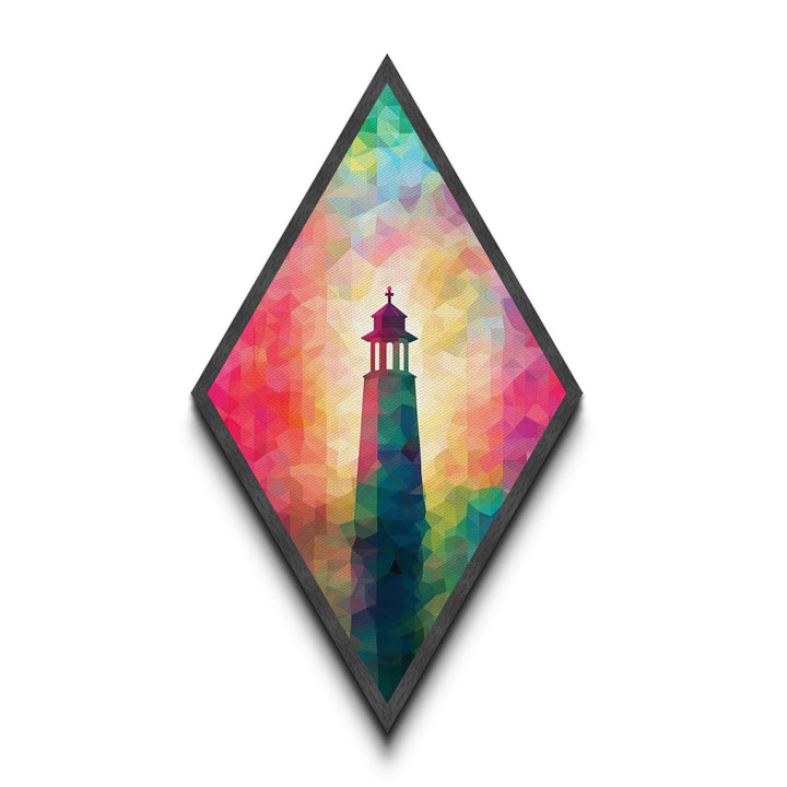 Prism Glow Lighthouse Diamond Shaped Canvas Embossed Print, Geometric Pastel Coastal Art, Modern Rainbow Nautical Scene