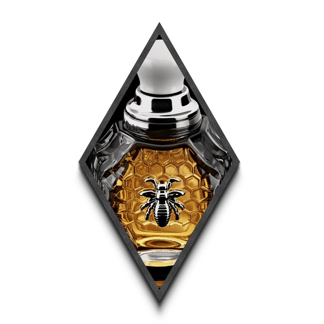 Honeycomb Elegance Bee Diamond Shaped Canvas Art Print, Gold Hexagon Insect Decor, Glam Perfume Bottle Graphic Wall Piece