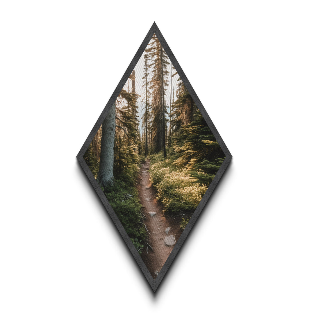 Forest Pathway Trail Diamond Shaped Canvas Textured Print, Serene Woodland Hike Decor, Earthy Green Landscape Art Print