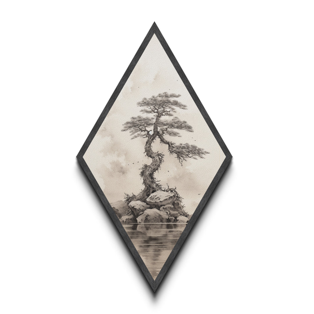 Charcoal Sketch of a Bonzai, Bonsai Tree Wall Art, Diamond Shaped Canvas Art Print, MCM Wall Decor, Odd Wall Art, Japanese Style Artwork