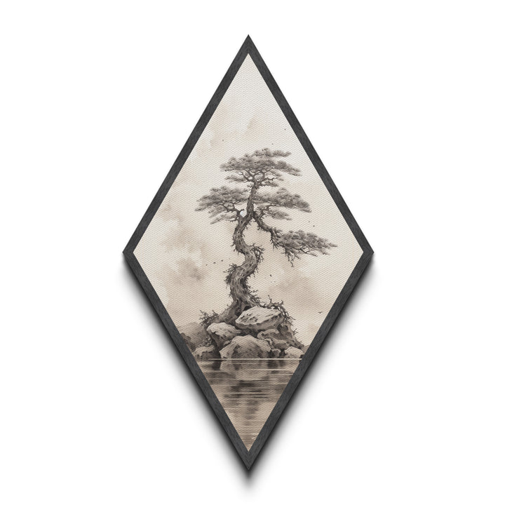 Charcoal Sketch of a Bonzai, Bonsai Tree Wall Art, Diamond Shaped Canvas Art Print, MCM Wall Decor, Odd Wall Art, Japanese Style Artwork