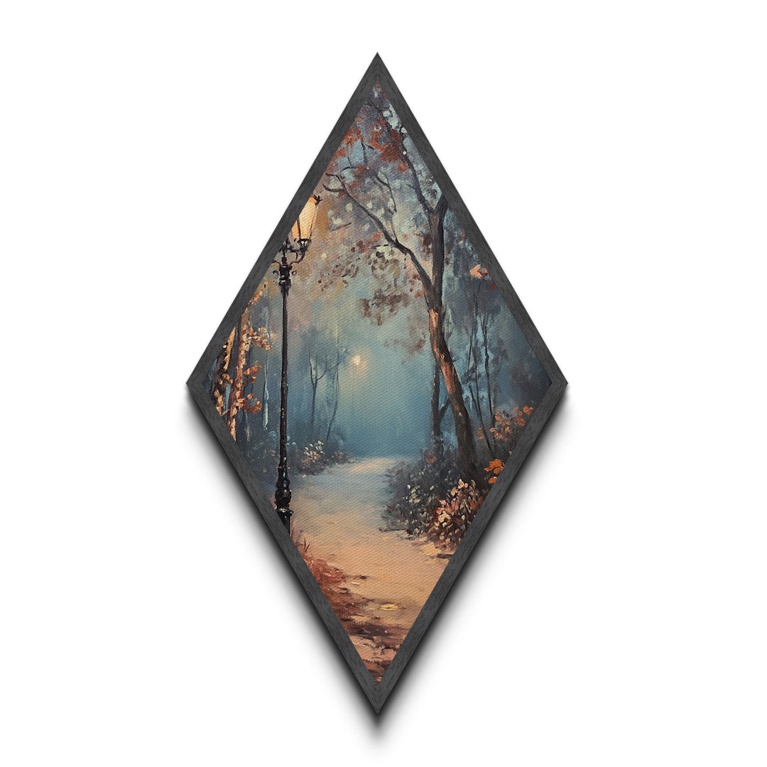 Diamond Shaped Foggy Forest Pathway, misty woodland Canvas Art Print, serene landscape painting, autumn moody nature trail home decor