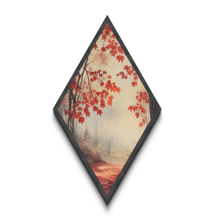 Diamond Shaped Scarlet Leaf Mist Scene, tranquil fall forest Canvas Art Print, red maple foliage decor, ethereal seasonal wall artwork