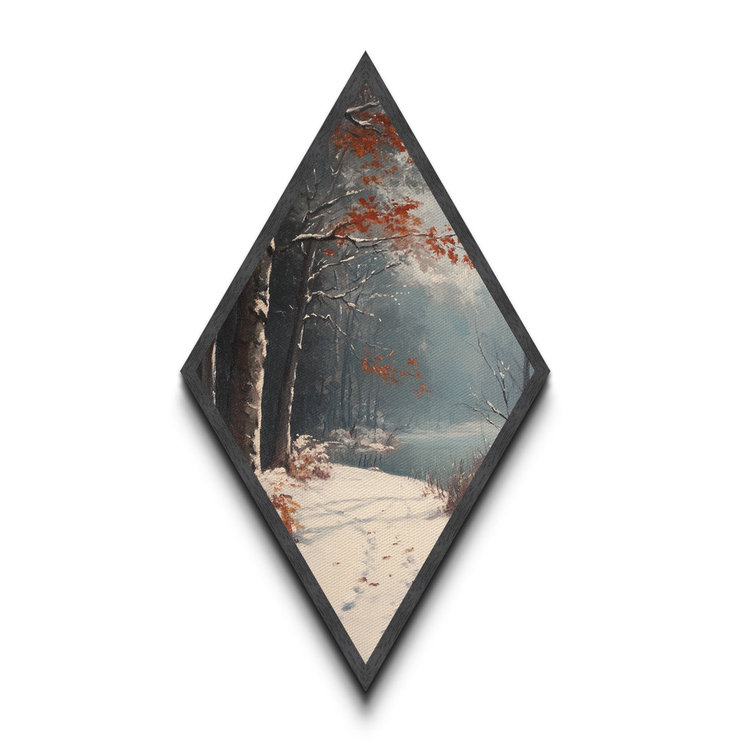 Diamond Shaped Winter River Trail, snowy forest scene Canvas Embossed Print, frosty landscape wall art, blue gray Christmas nature decor
